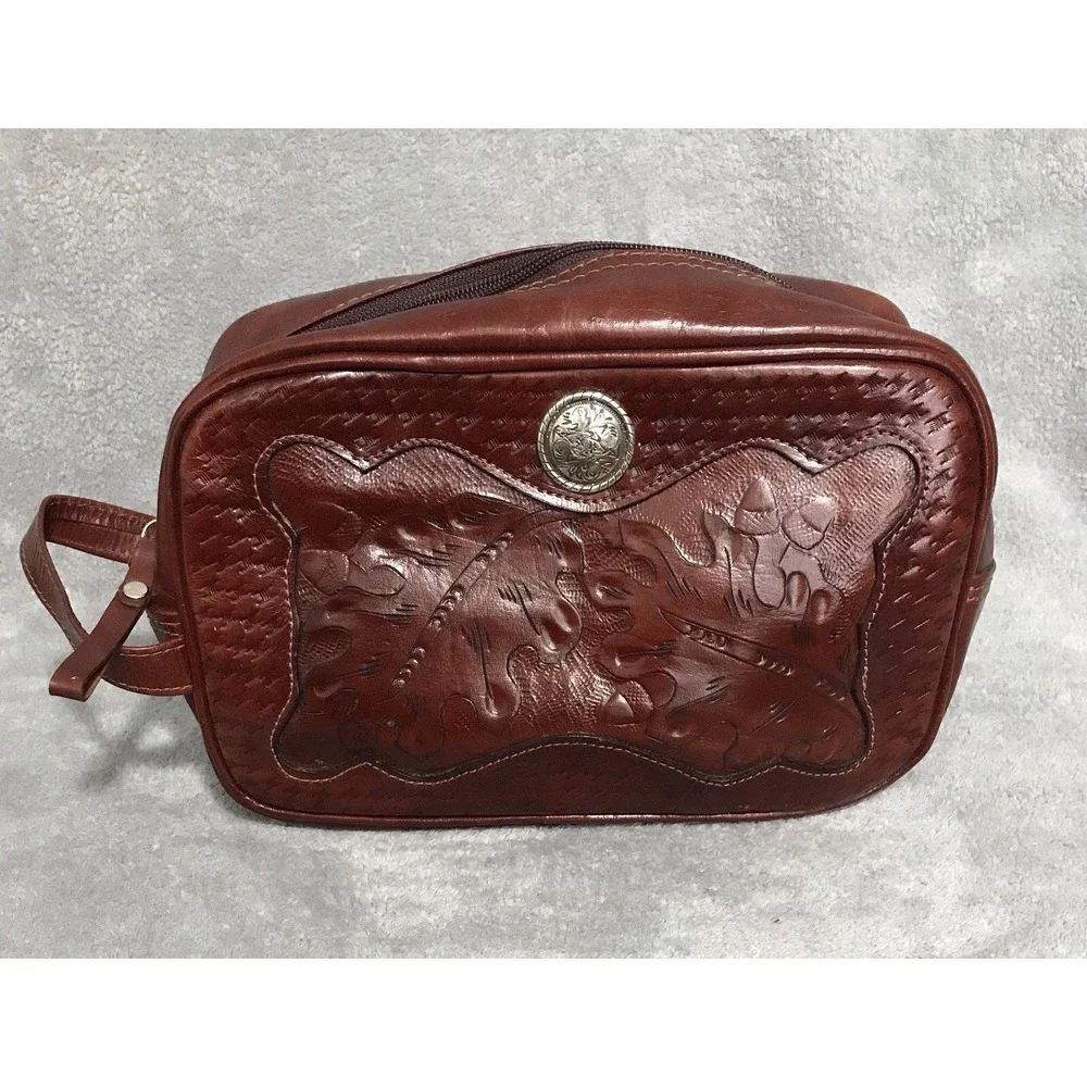 American West Embossed Tooled Leather Toiletry Cosmetic Bag Western Leaf Style
